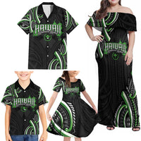 Traditional Art Hawaiian Kakau Tattoos Family Matching Off Shoulder Maxi Dress and Hawaiian Shirt Green Color - Polynesian Pride