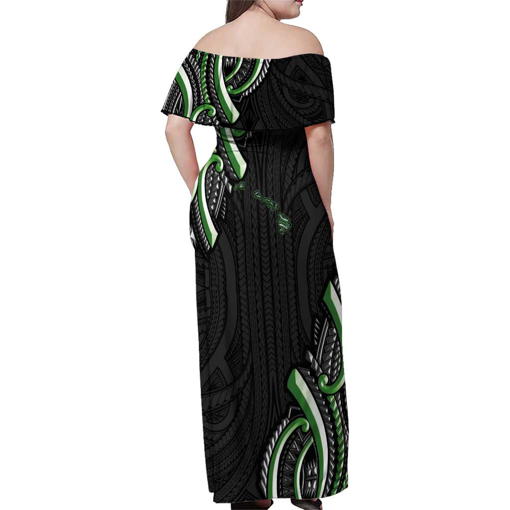 Traditional Art Hawaiian Kakau Tattoos Family Matching Off Shoulder Maxi Dress and Hawaiian Shirt Green Color - Polynesian Pride