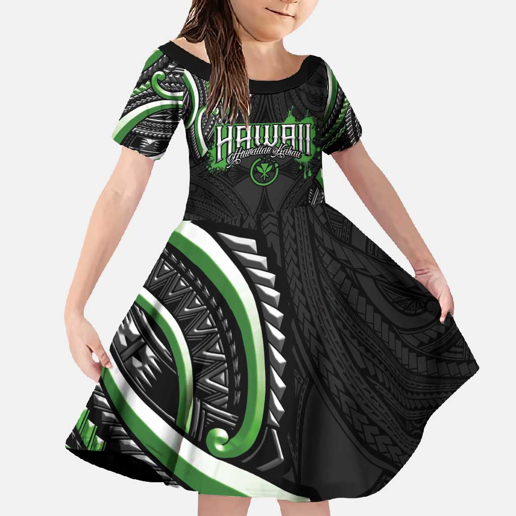 Traditional Art Hawaiian Kakau Tattoos Family Matching Short Sleeve Bodycon Dress and Hawaiian Shirt Green Color - Polynesian Pride