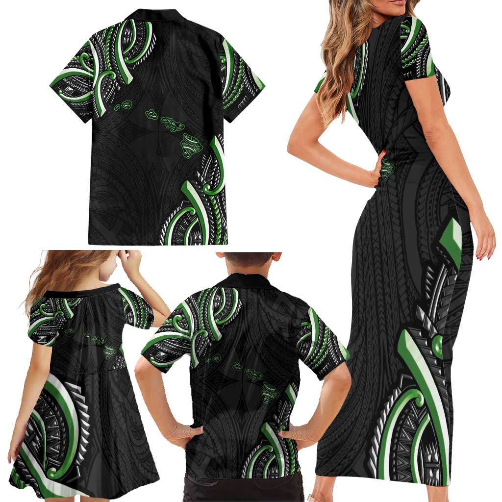 Traditional Art Hawaiian Kakau Tattoos Family Matching Short Sleeve Bodycon Dress and Hawaiian Shirt Green Color - Polynesian Pride