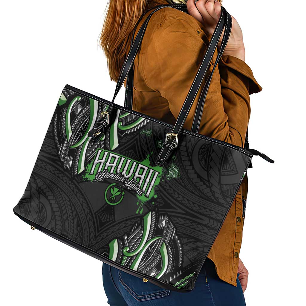 Traditional Art Hawaiian Kakau Tattoos Leather Tote Bag Green Color - Polynesian Pride