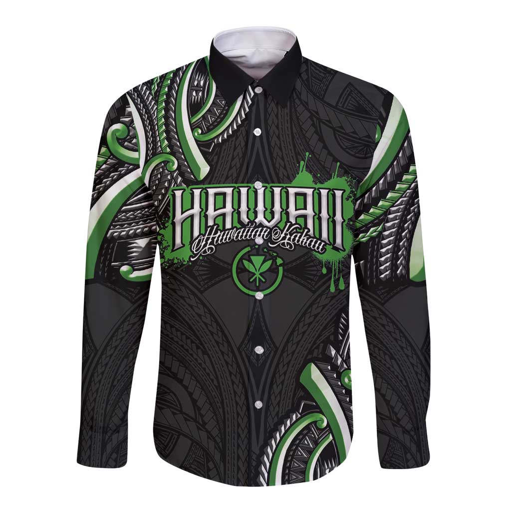 Traditional Art Hawaiian Kakau Tattoos Long Sleeve Button Shirt Green Color - Polynesian Pride