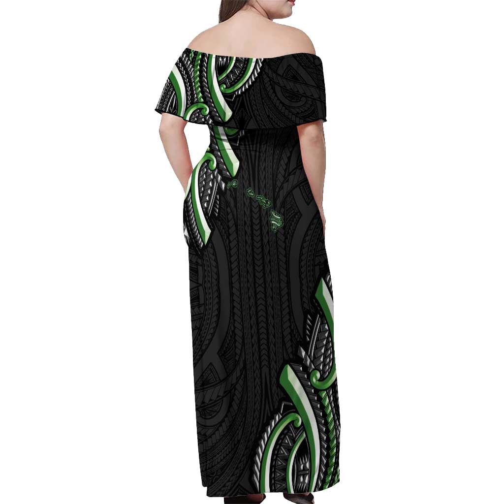 Traditional Art Hawaiian Kakau Tattoos Off Shoulder Maxi Dress Green Color - Polynesian Pride