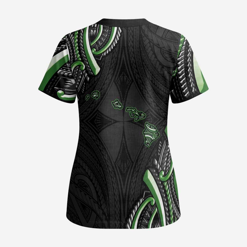 Traditional Art Hawaiian Kakau Tattoos Scrub Top Green Color - Polynesian Pride