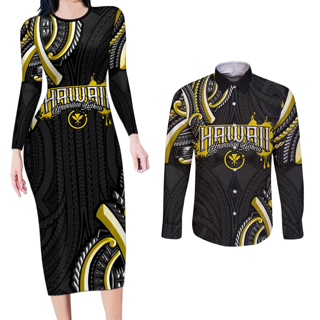 Traditional Art Hawaiian Kakau Tattoos Couples Matching Long Sleeve Bodycon Dress and Long Sleeve Button Shirt Yellow Color - Polynesian Pride