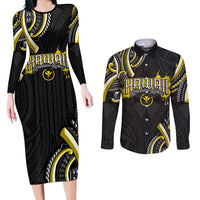 Traditional Art Hawaiian Kakau Tattoos Couples Matching Long Sleeve Bodycon Dress and Long Sleeve Button Shirt Yellow Color - Polynesian Pride