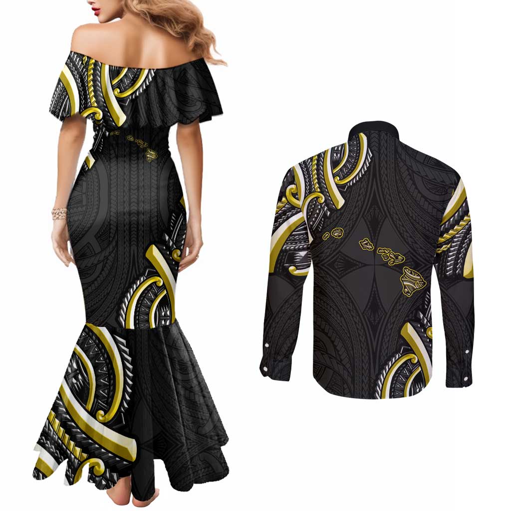 Traditional Art Hawaiian Kakau Tattoos Couples Matching Mermaid Dress and Long Sleeve Button Shirt Yellow Color - Polynesian Pride