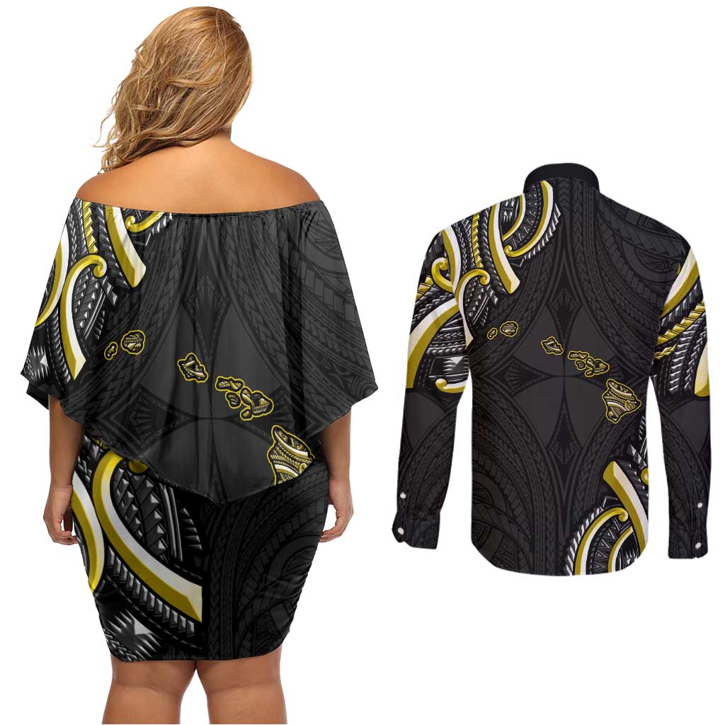 Traditional Art Hawaiian Kakau Tattoos Couples Matching Off Shoulder Short Dress and Long Sleeve Button Shirt Yellow Color - Polynesian Pride
