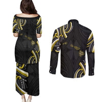 Traditional Art Hawaiian Kakau Tattoos Couples Matching Puletasi and Long Sleeve Button Shirt Yellow Color - Polynesian Pride