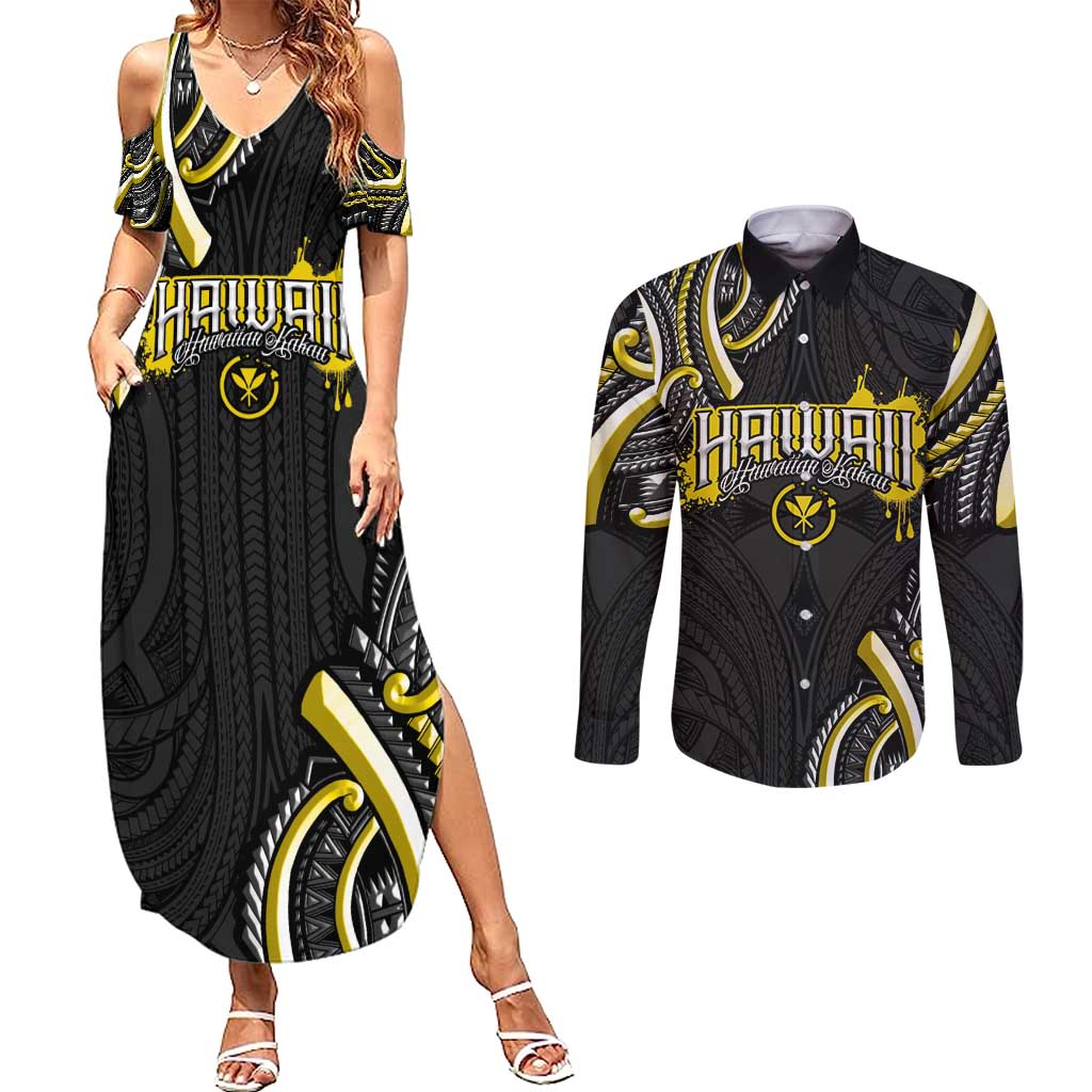 Traditional Art Hawaiian Kakau Tattoos Couples Matching Summer Maxi Dress and Long Sleeve Button Shirt Yellow Color - Polynesian Pride