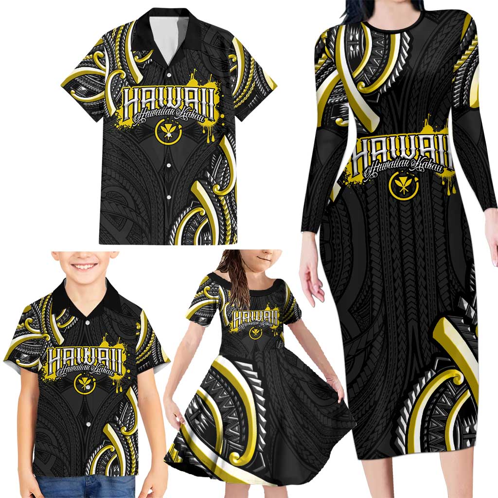 Traditional Art Hawaiian Kakau Tattoos Family Matching Long Sleeve Bodycon Dress and Hawaiian Shirt Yellow Color - Polynesian Pride