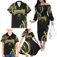 Traditional Art Hawaiian Kakau Tattoos Family Matching Off The Shoulder Long Sleeve Dress and Hawaiian Shirt Yellow Color - Polynesian Pride