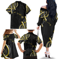 Traditional Art Hawaiian Kakau Tattoos Family Matching Off The Shoulder Long Sleeve Dress and Hawaiian Shirt Yellow Color - Polynesian Pride