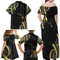 Traditional Art Hawaiian Kakau Tattoos Family Matching Off Shoulder Maxi Dress and Hawaiian Shirt Yellow Color - Polynesian Pride