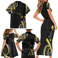 Traditional Art Hawaiian Kakau Tattoos Family Matching Short Sleeve Bodycon Dress and Hawaiian Shirt Yellow Color - Polynesian Pride