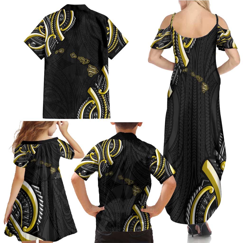 Traditional Art Hawaiian Kakau Tattoos Family Matching Summer Maxi Dress and Hawaiian Shirt Yellow Color - Polynesian Pride