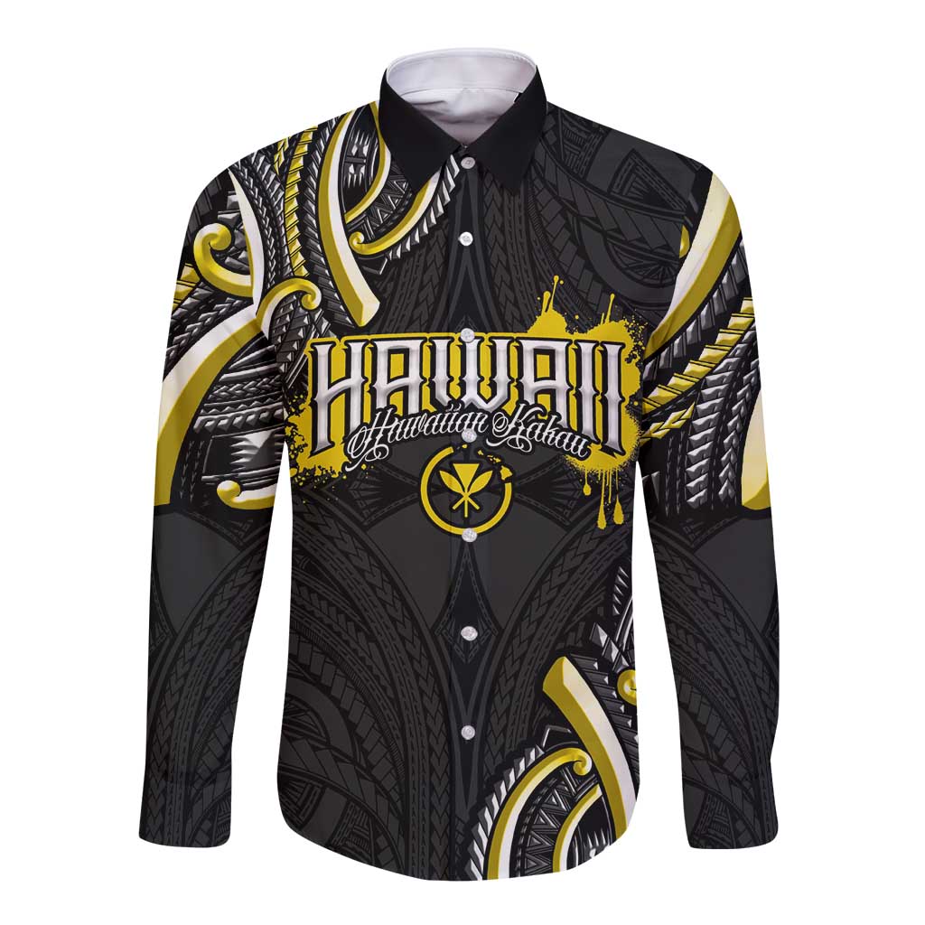 Traditional Art Hawaiian Kakau Tattoos Long Sleeve Button Shirt Yellow Color - Polynesian Pride