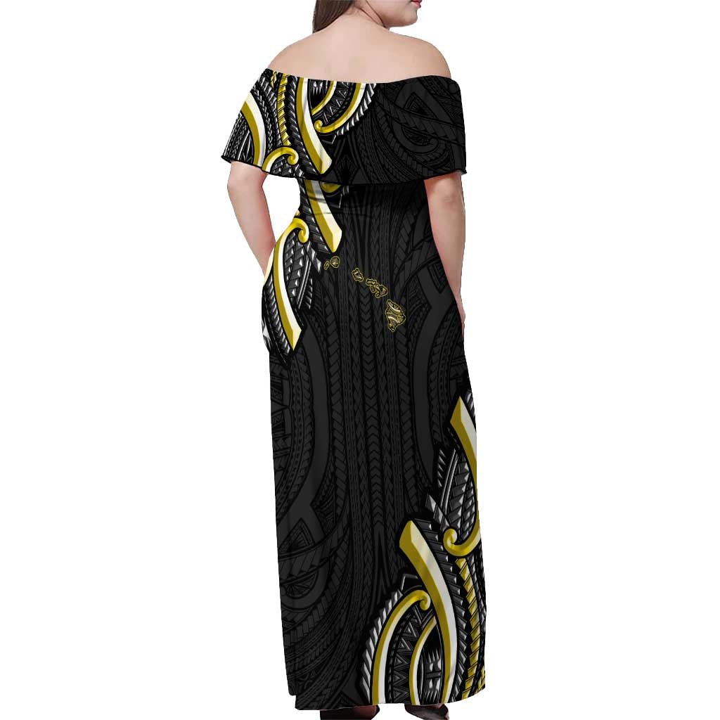 Traditional Art Hawaiian Kakau Tattoos Off Shoulder Maxi Dress Yellow Color - Polynesian Pride