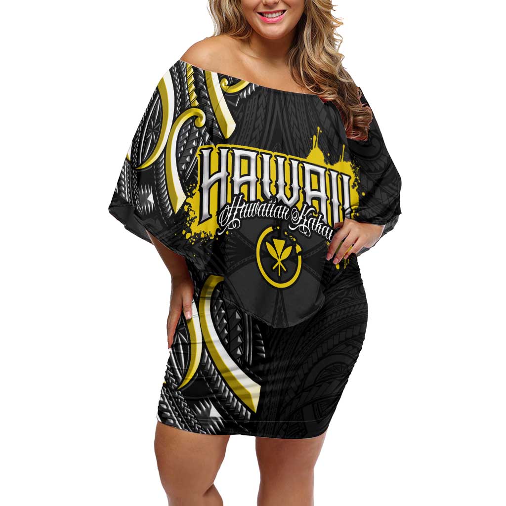 Traditional Art Hawaiian Kakau Tattoos Off Shoulder Short Dress Yellow Color - Polynesian Pride