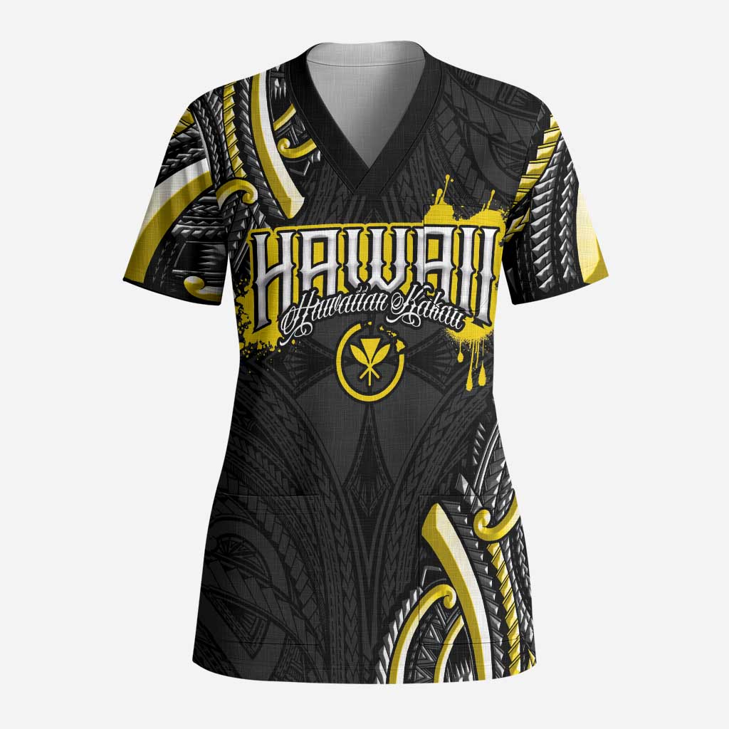 Traditional Art Hawaiian Kakau Tattoos Scrub Top Yellow Color - Polynesian Pride