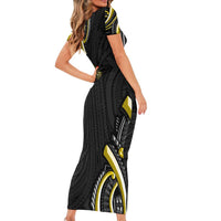 Traditional Art Hawaiian Kakau Tattoos Short Sleeve Bodycon Dress Yellow Color - Polynesian Pride