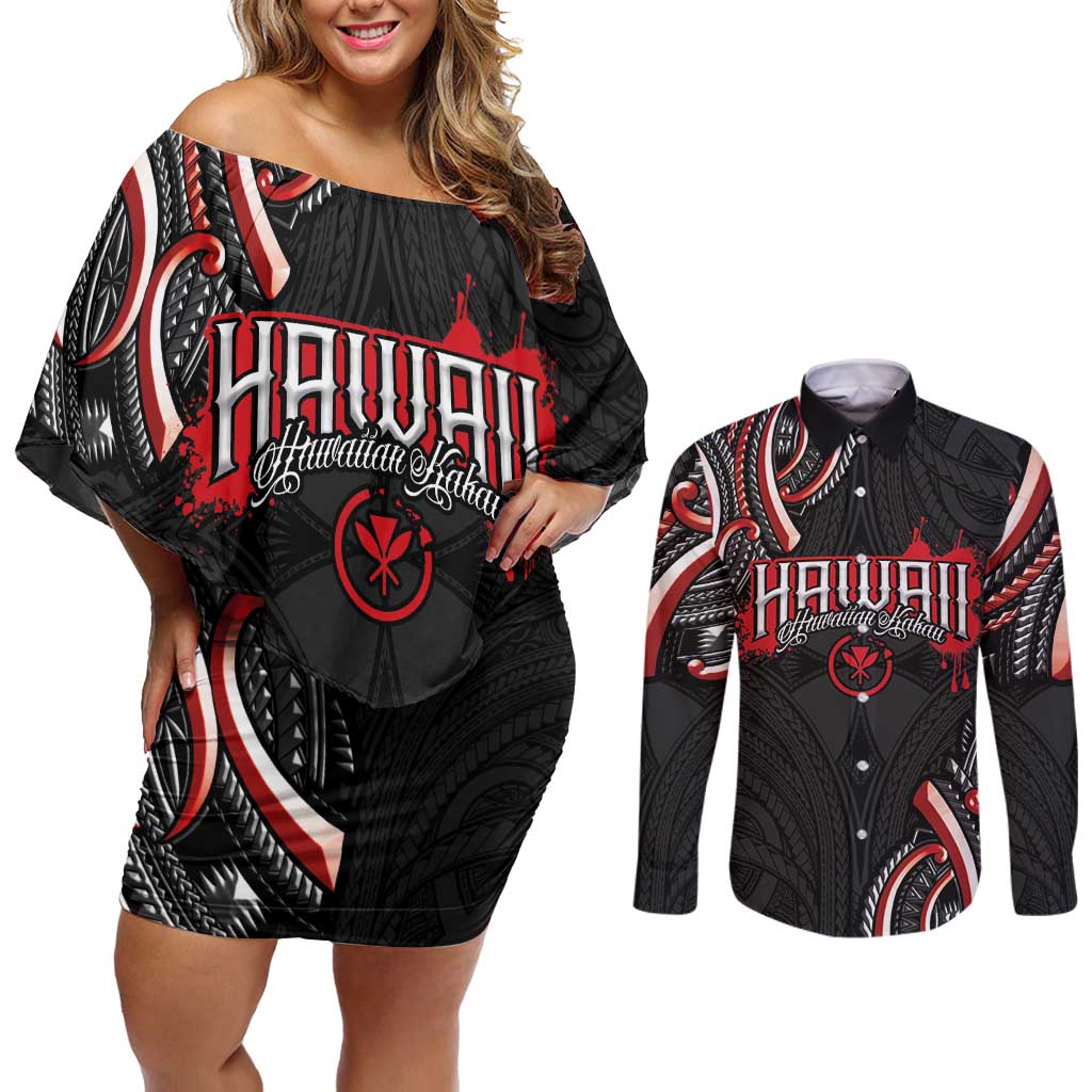 Traditional Art Hawaiian Kakau Tattoos Couples Matching Off Shoulder Short Dress and Long Sleeve Button Shirt Red Color - Polynesian Pride