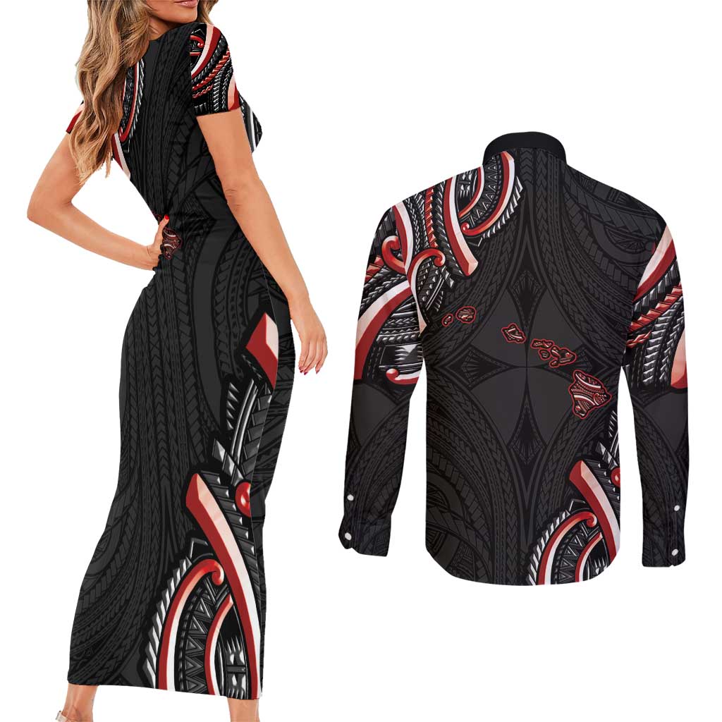 Traditional Art Hawaiian Kakau Tattoos Couples Matching Short Sleeve Bodycon Dress and Long Sleeve Button Shirt Red Color - Polynesian Pride