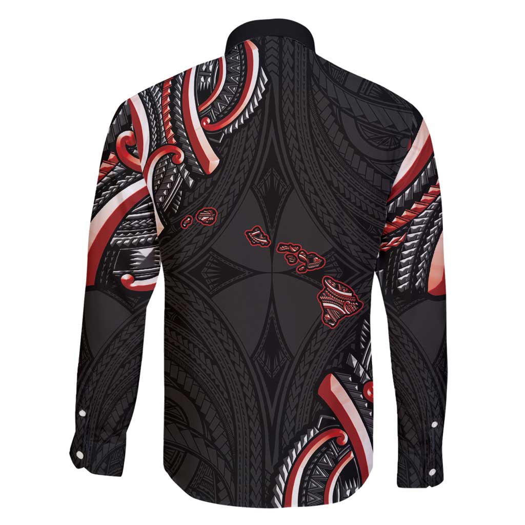 Traditional Art Hawaiian Kakau Tattoos Family Matching Long Sleeve Bodycon Dress and Hawaiian Shirt Red Color - Polynesian Pride