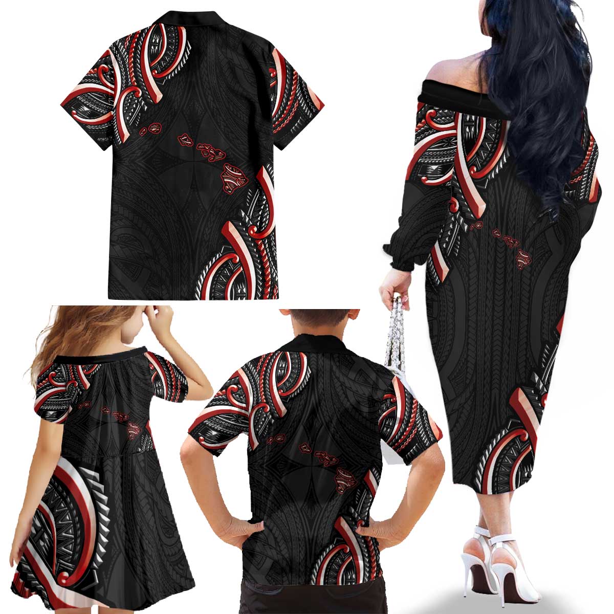 Traditional Art Hawaiian Kakau Tattoos Family Matching Off The Shoulder Long Sleeve Dress and Hawaiian Shirt Red Color - Polynesian Pride