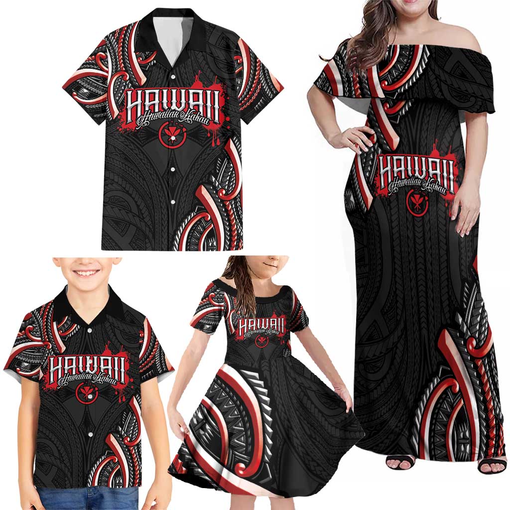 Traditional Art Hawaiian Kakau Tattoos Family Matching Off Shoulder Maxi Dress and Hawaiian Shirt Red Color - Polynesian Pride