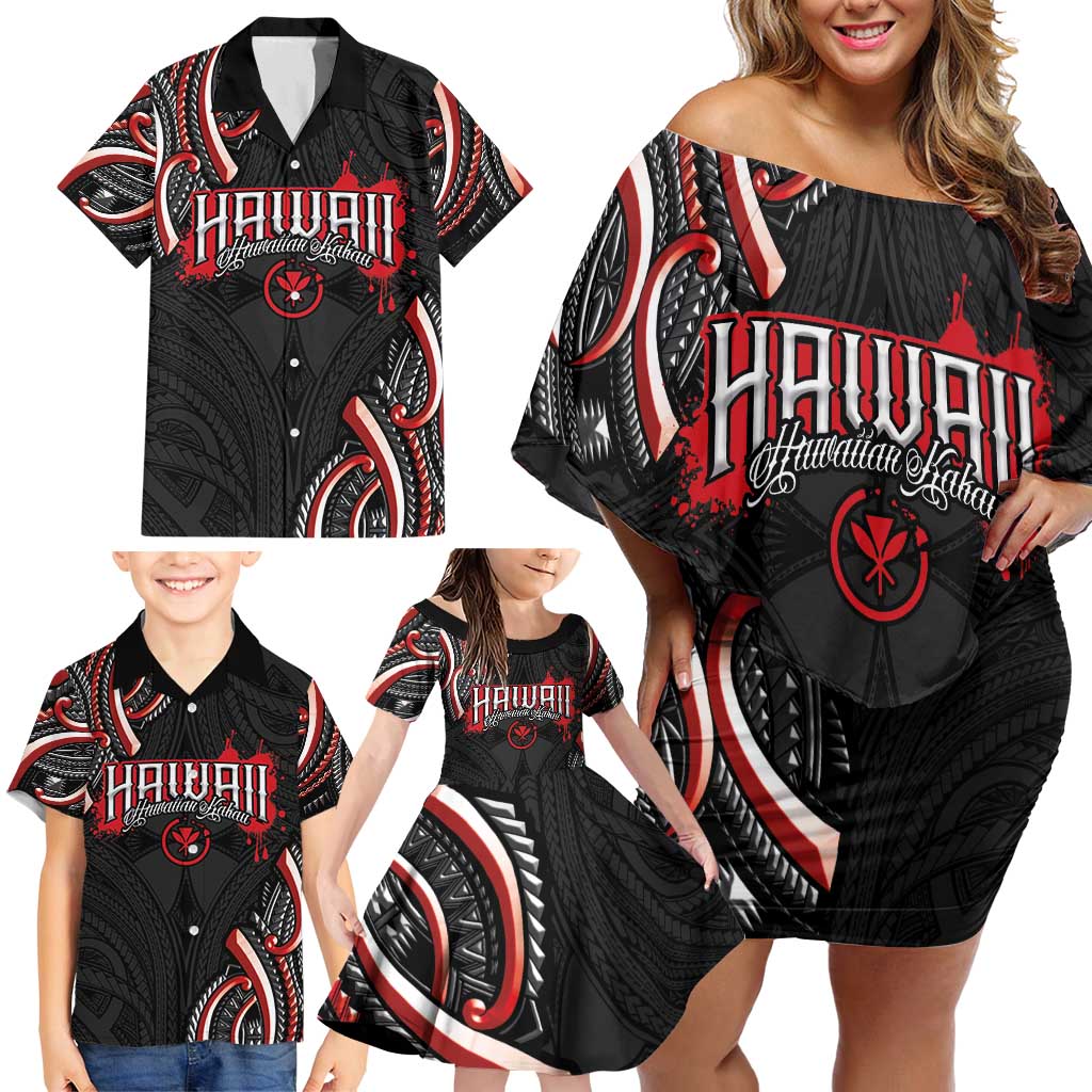 Traditional Art Hawaiian Kakau Tattoos Family Matching Off Shoulder Short Dress and Hawaiian Shirt Red Color - Polynesian Pride