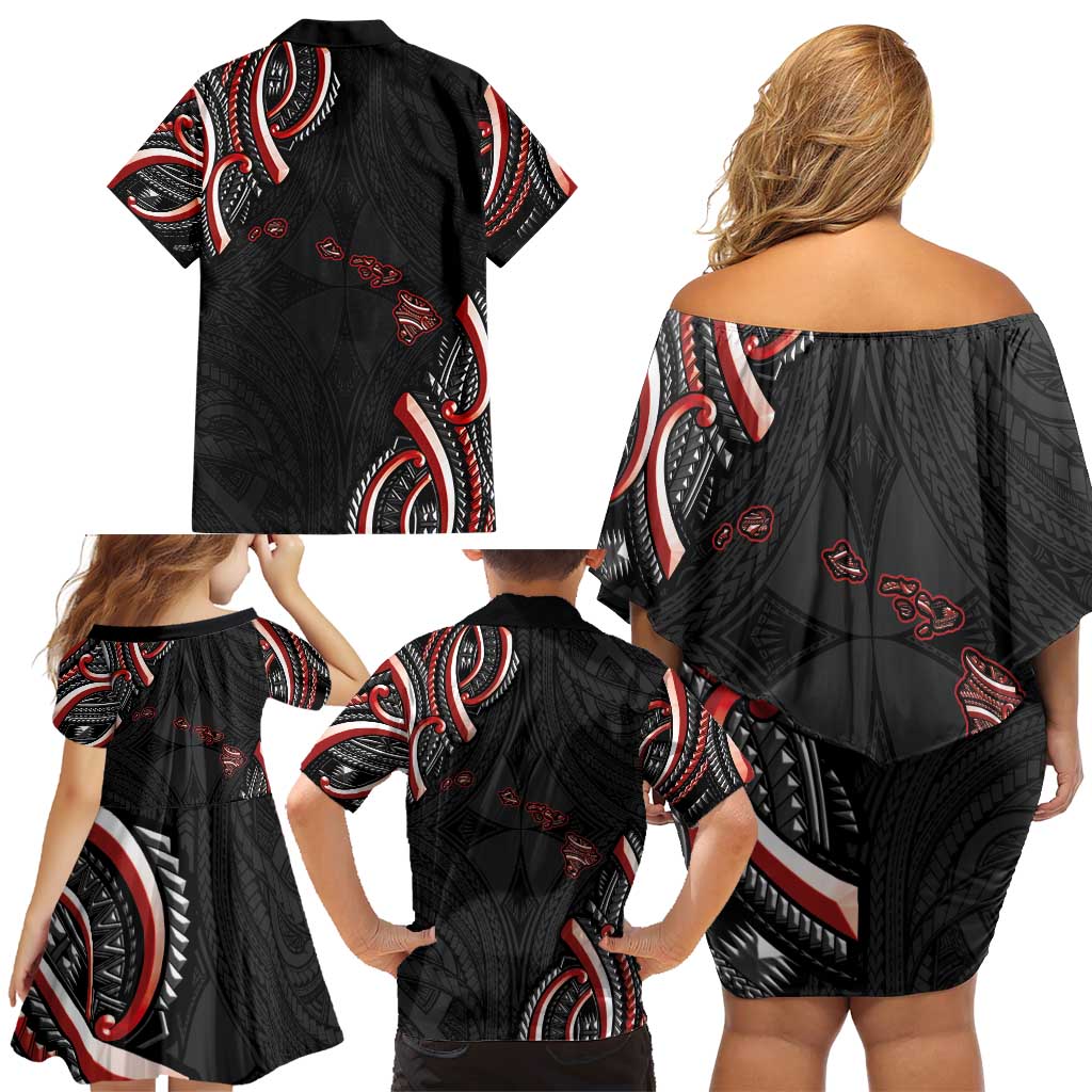 Traditional Art Hawaiian Kakau Tattoos Family Matching Off Shoulder Short Dress and Hawaiian Shirt Red Color - Polynesian Pride