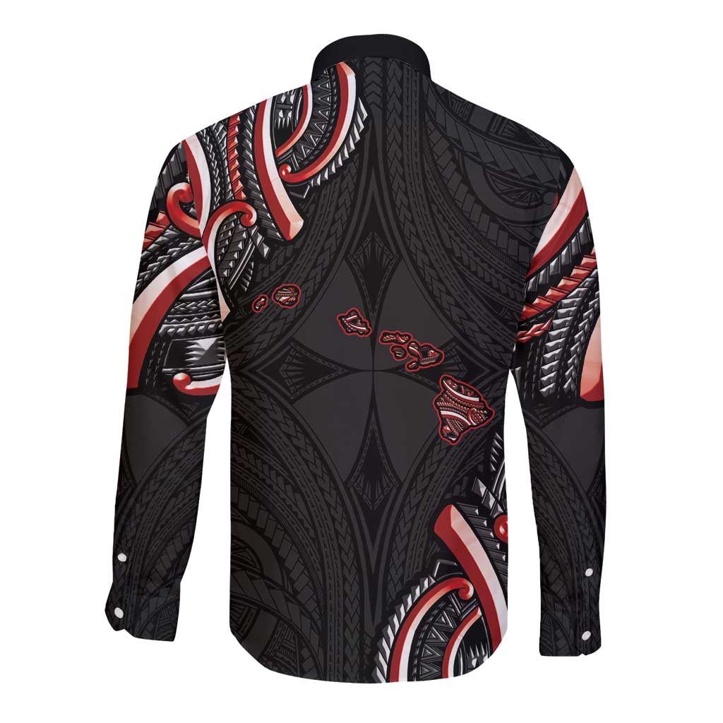 Traditional Art Hawaiian Kakau Tattoos Long Sleeve Button Shirt Red Color - Polynesian Pride