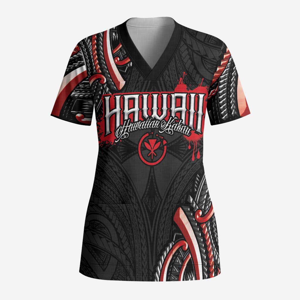 Traditional Art Hawaiian Kakau Tattoos Scrub Top Red Color - Polynesian Pride