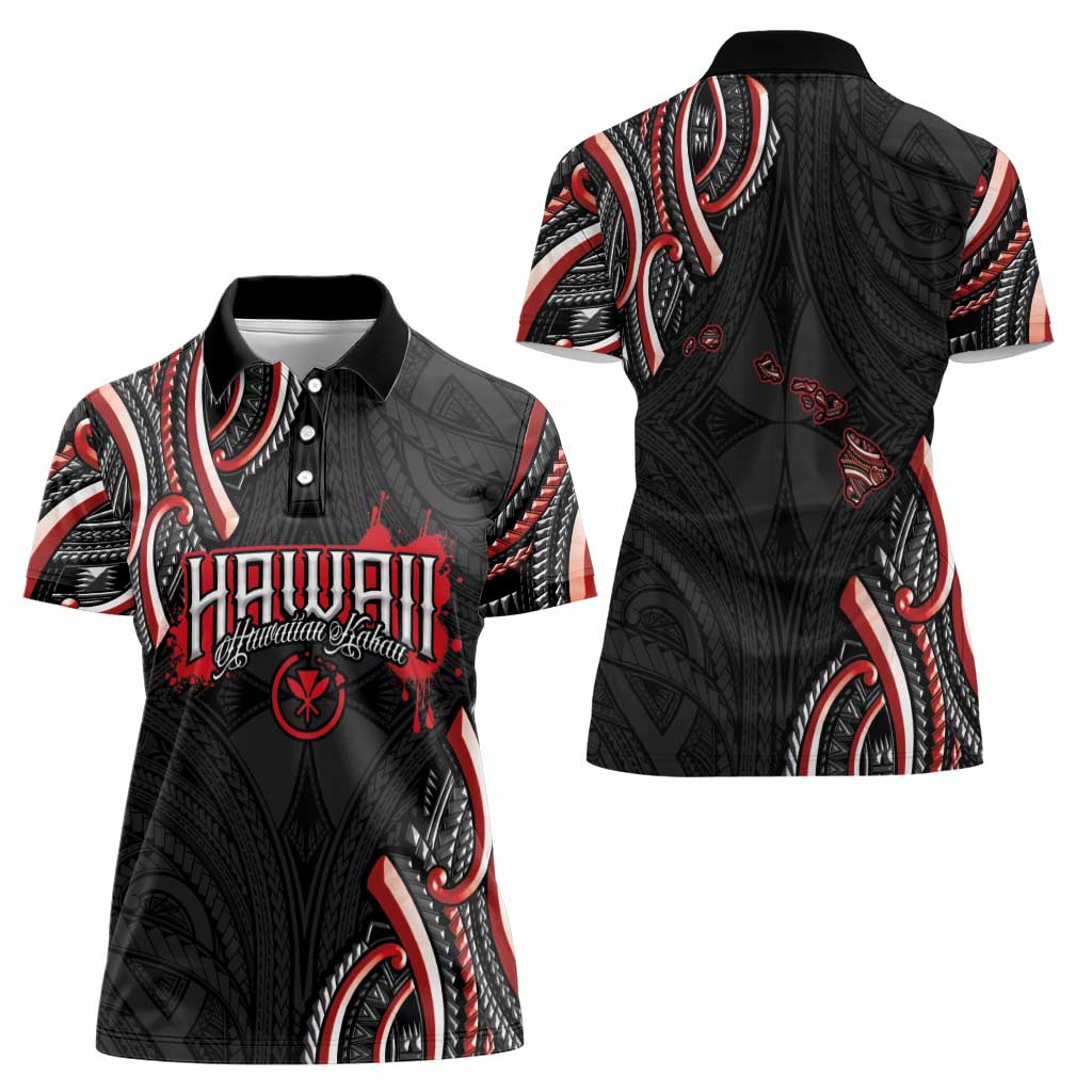 Traditional Art Hawaiian Kakau Tattoos Women Polo Shirt Red Color - Polynesian Pride