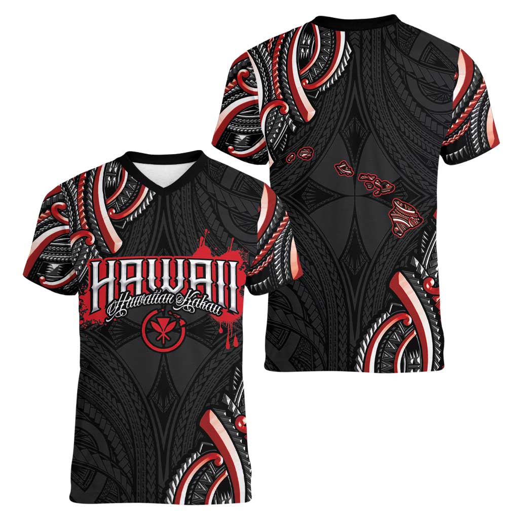 Traditional Art Hawaiian Kakau Tattoos Women V-Neck T-Shirt Red Color - Polynesian Pride