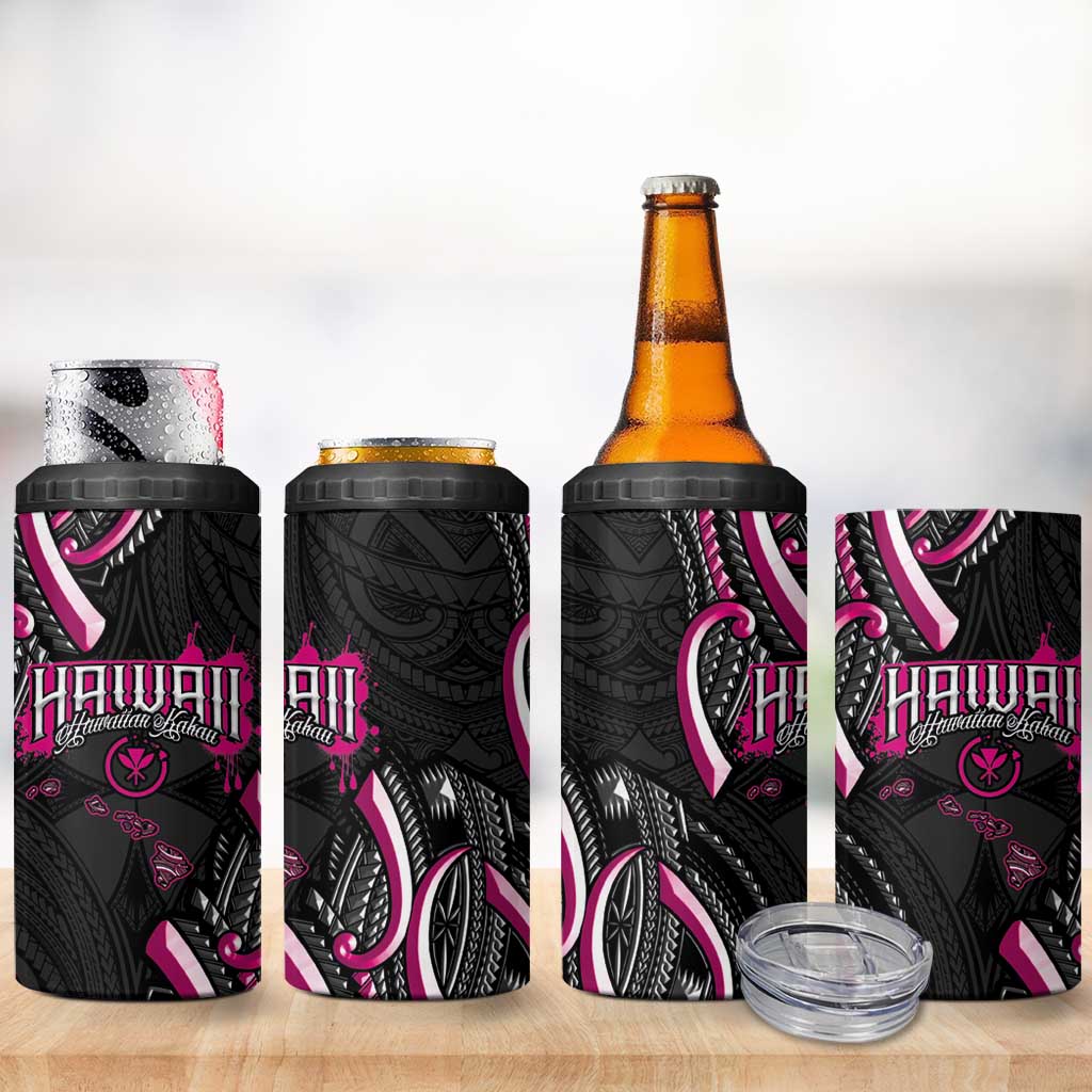 Traditional Art Hawaiian Kakau Tattoos 4 in 1 Can Cooler Tumbler Pink Color - Polynesian Pride