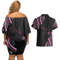 Traditional Art Hawaiian Kakau Tattoos Couples Matching Off Shoulder Short Dress and Hawaiian Shirt Pink Color - Polynesian Pride