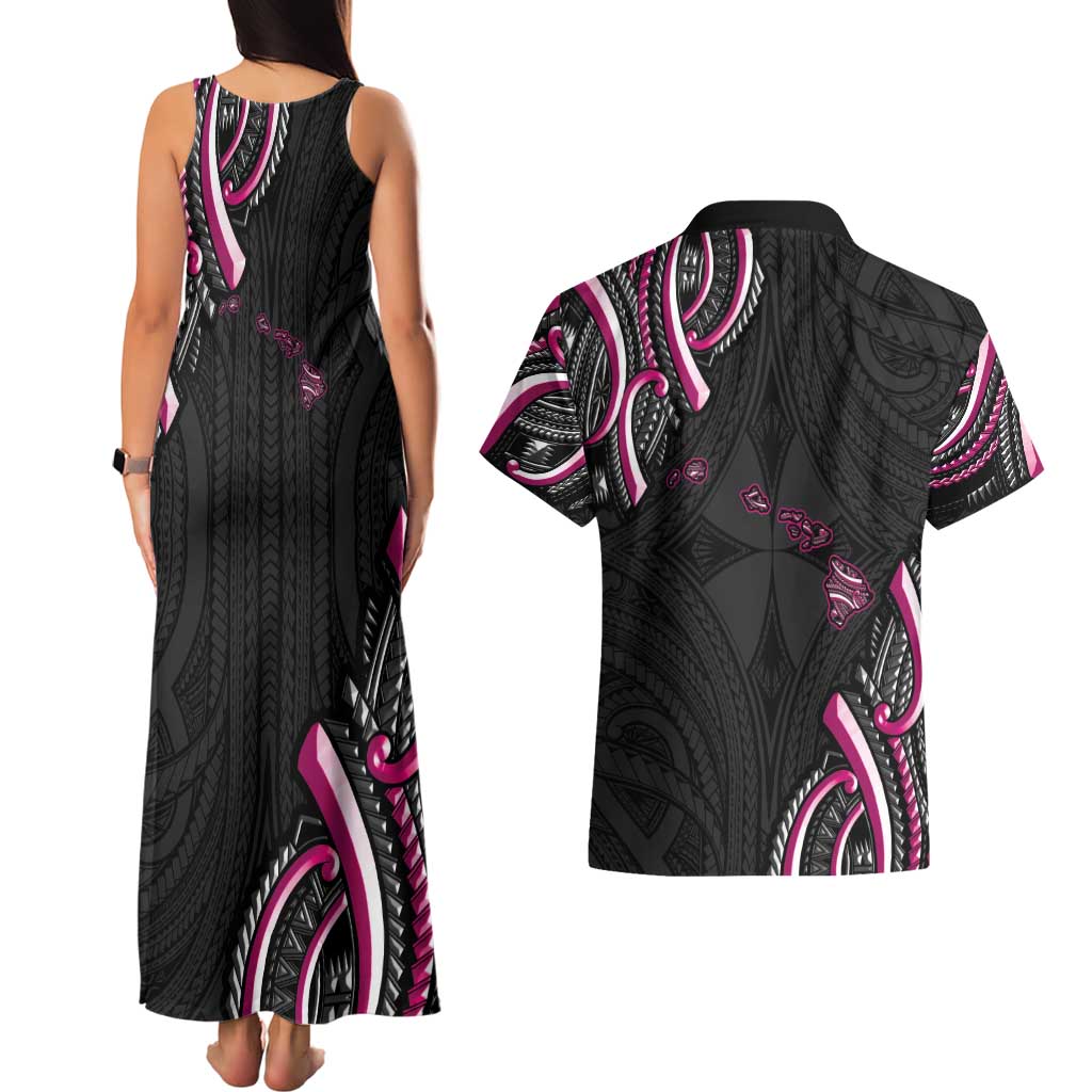 Traditional Art Hawaiian Kakau Tattoos Couples Matching Tank Maxi Dress and Hawaiian Shirt Pink Color - Polynesian Pride