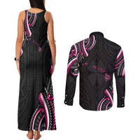 Traditional Art Hawaiian Kakau Tattoos Couples Matching Tank Maxi Dress and Long Sleeve Button Shirt Pink Color - Polynesian Pride