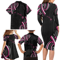 Traditional Art Hawaiian Kakau Tattoos Family Matching Long Sleeve Bodycon Dress and Hawaiian Shirt Pink Color - Polynesian Pride