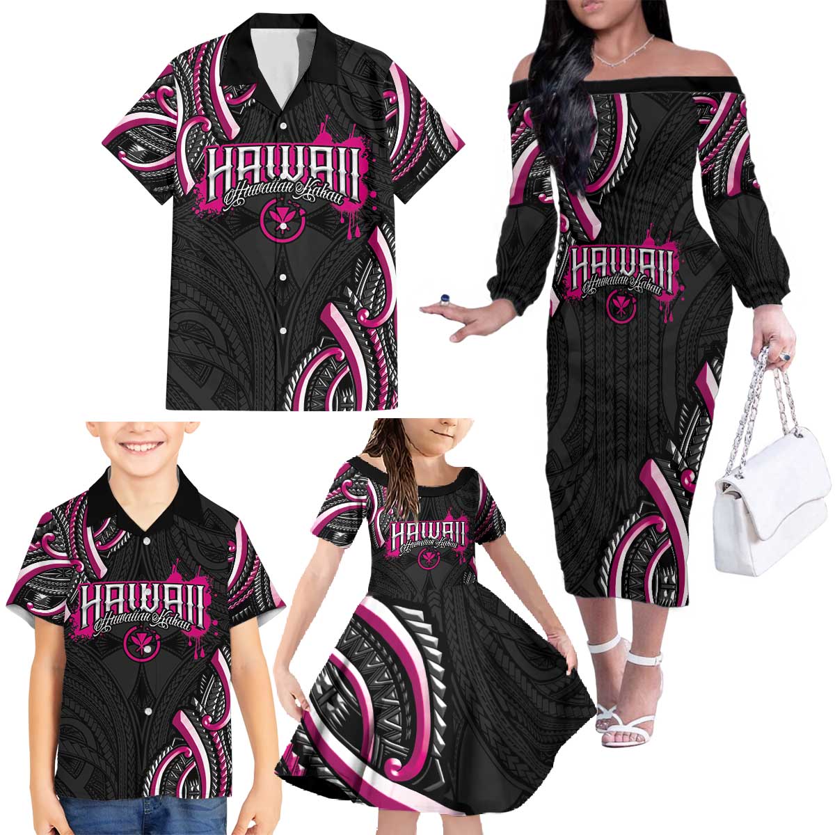Traditional Art Hawaiian Kakau Tattoos Family Matching Off The Shoulder Long Sleeve Dress and Hawaiian Shirt Pink Color - Polynesian Pride