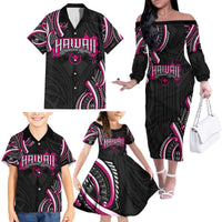 Traditional Art Hawaiian Kakau Tattoos Family Matching Off The Shoulder Long Sleeve Dress and Hawaiian Shirt Pink Color - Polynesian Pride