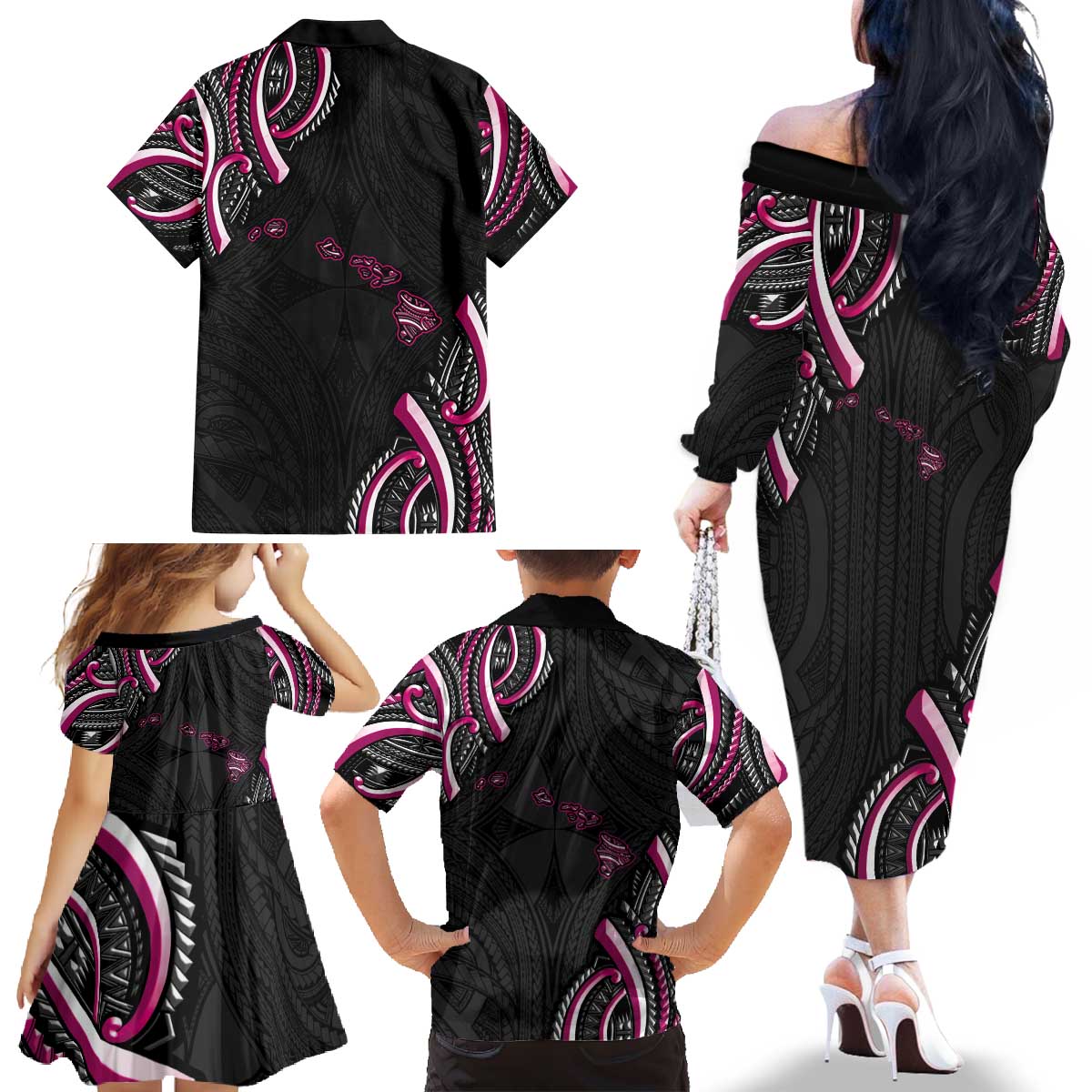 Traditional Art Hawaiian Kakau Tattoos Family Matching Off The Shoulder Long Sleeve Dress and Hawaiian Shirt Pink Color - Polynesian Pride