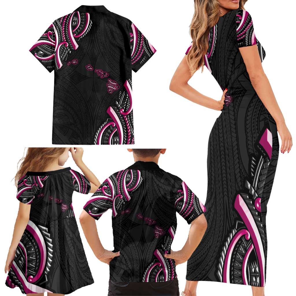 Traditional Art Hawaiian Kakau Tattoos Family Matching Short Sleeve Bodycon Dress and Hawaiian Shirt Pink Color - Polynesian Pride