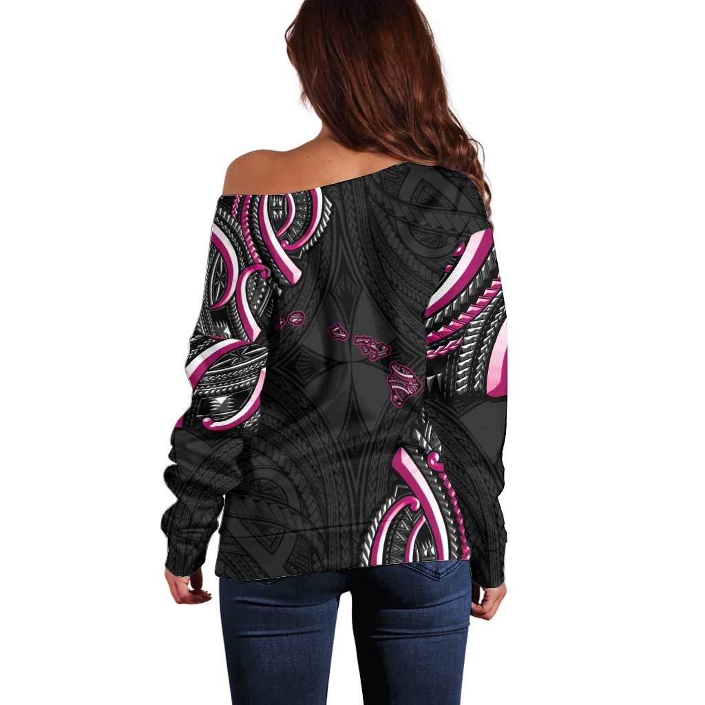 Traditional Art Hawaiian Kakau Tattoos Off Shoulder Sweater Pink Color - Polynesian Pride