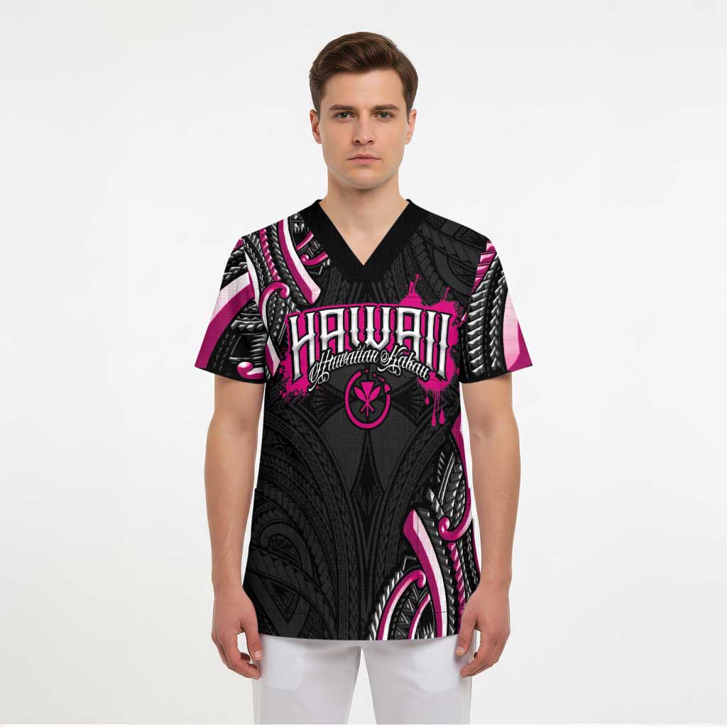Traditional Art Hawaiian Kakau Tattoos Scrub Top Pink Color - Polynesian Pride