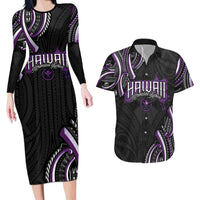 Traditional Art Hawaiian Kakau Tattoos Couples Matching Long Sleeve Bodycon Dress and Hawaiian Shirt Purple Color - Polynesian Pride