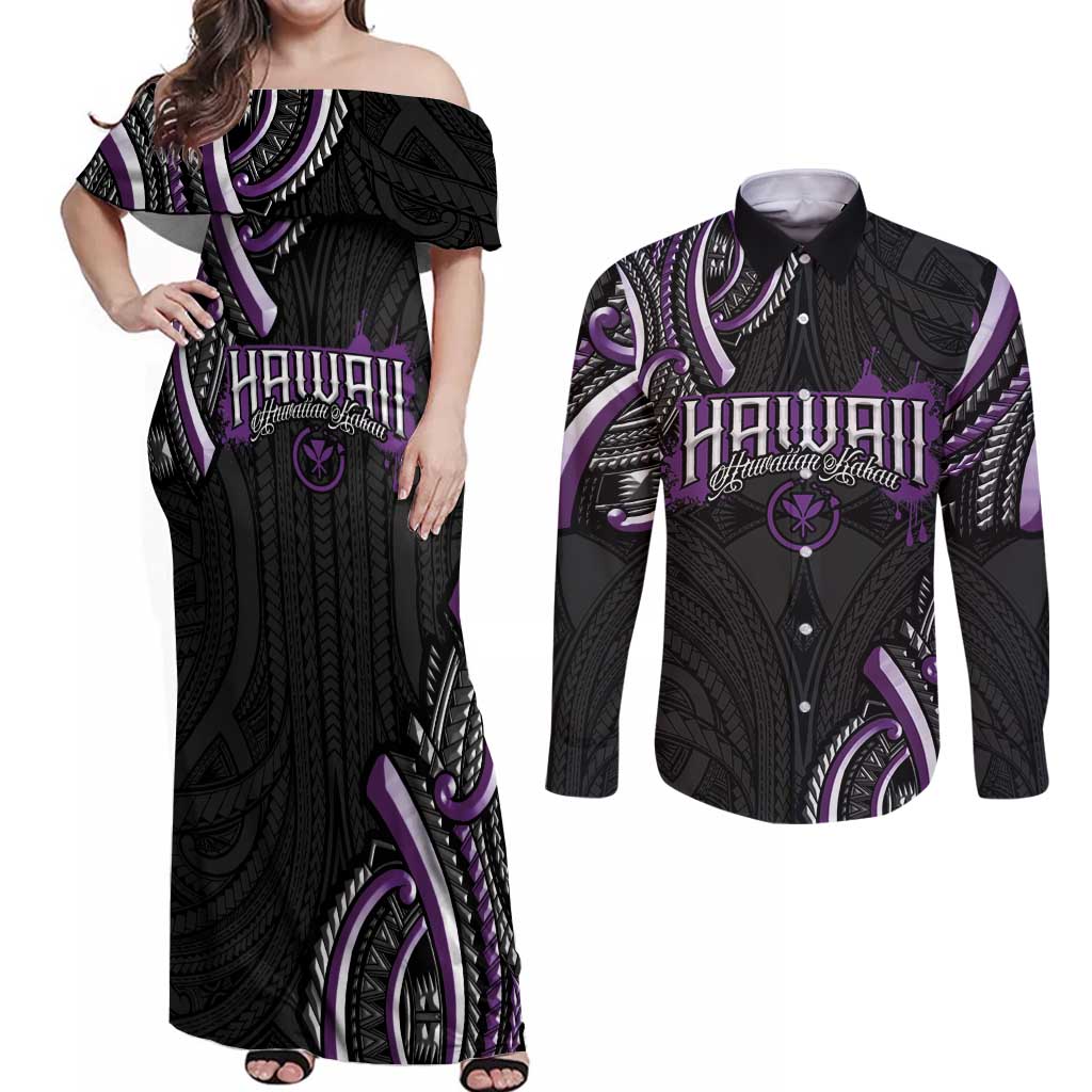 Traditional Art Hawaiian Kakau Tattoos Couples Matching Off Shoulder Maxi Dress and Long Sleeve Button Shirt Purple Color - Polynesian Pride