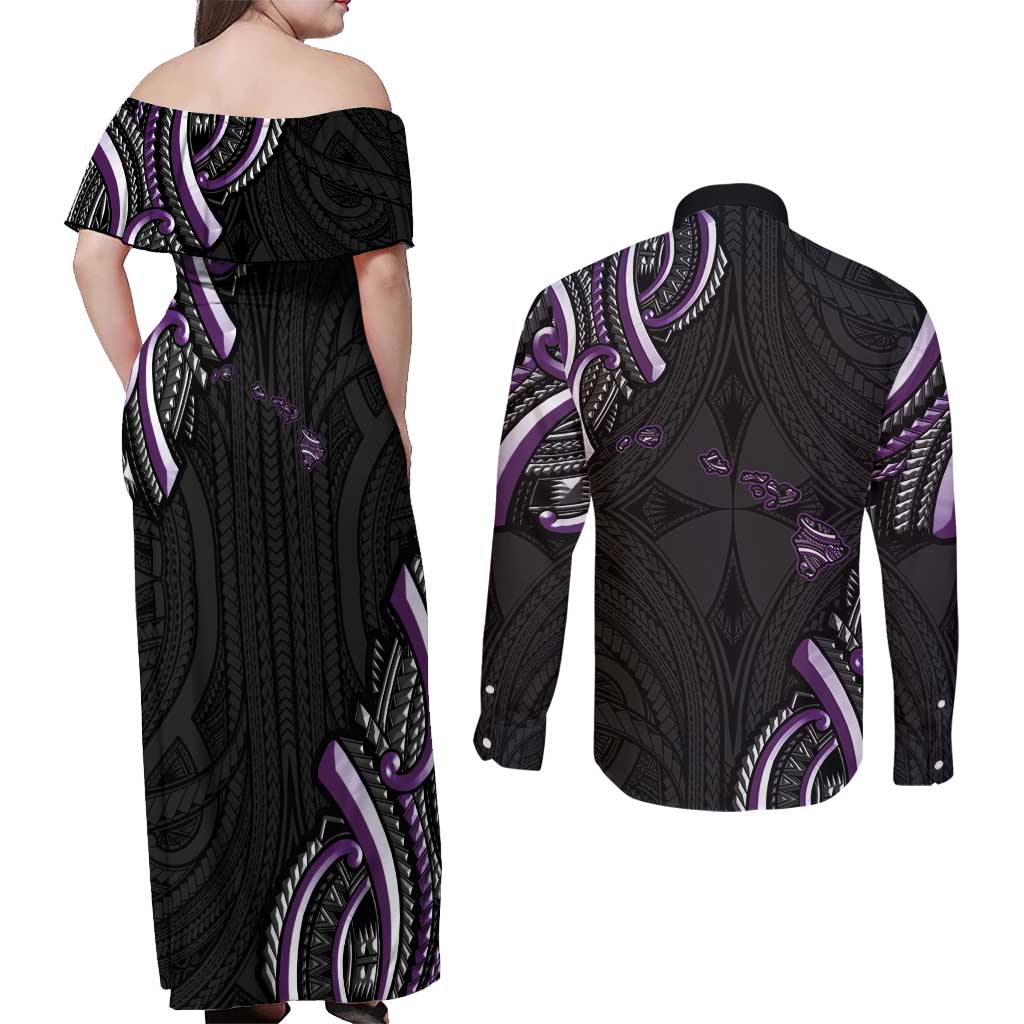 Traditional Art Hawaiian Kakau Tattoos Couples Matching Off Shoulder Maxi Dress and Long Sleeve Button Shirt Purple Color - Polynesian Pride